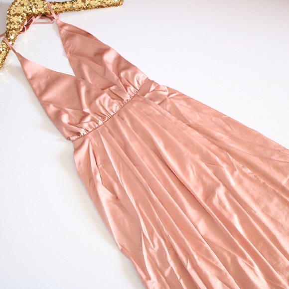 ^ Pink Satin Plunge Backless Slit Maxi Dress - Picture 5 of 7